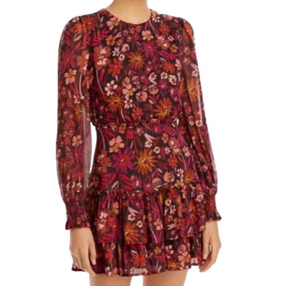 Aqua Metallic Floral Print Mini Dress Long Sleeve Ruffled Womens Size Small - Picture 6 of 6